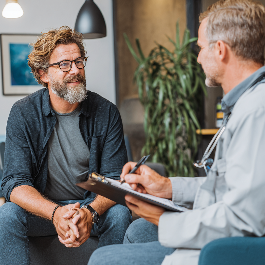 Professional healthcare consultation scene with male patient discussing treatment options with specialist